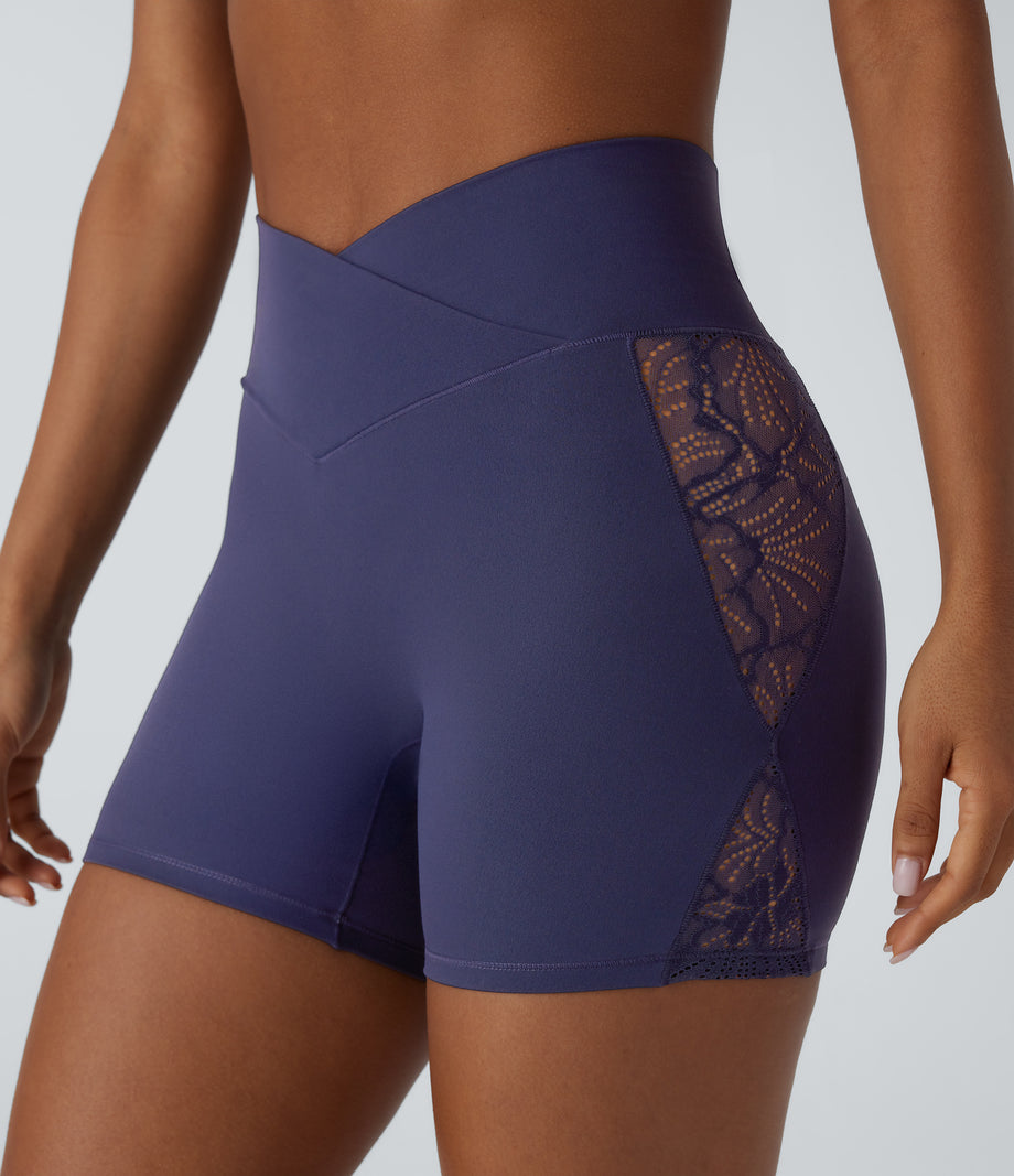 SoftlyZero™ High Waisted Crossover Contrast Lace Pocket Yoga Biker Shorts 5''-UPF50+ - Peacoat