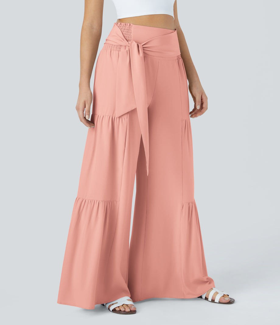 Breezeful™ High Waisted Shirred Tie Front & Back Wide Leg Flowy Quick Dry Casual Pants - Peach Melba