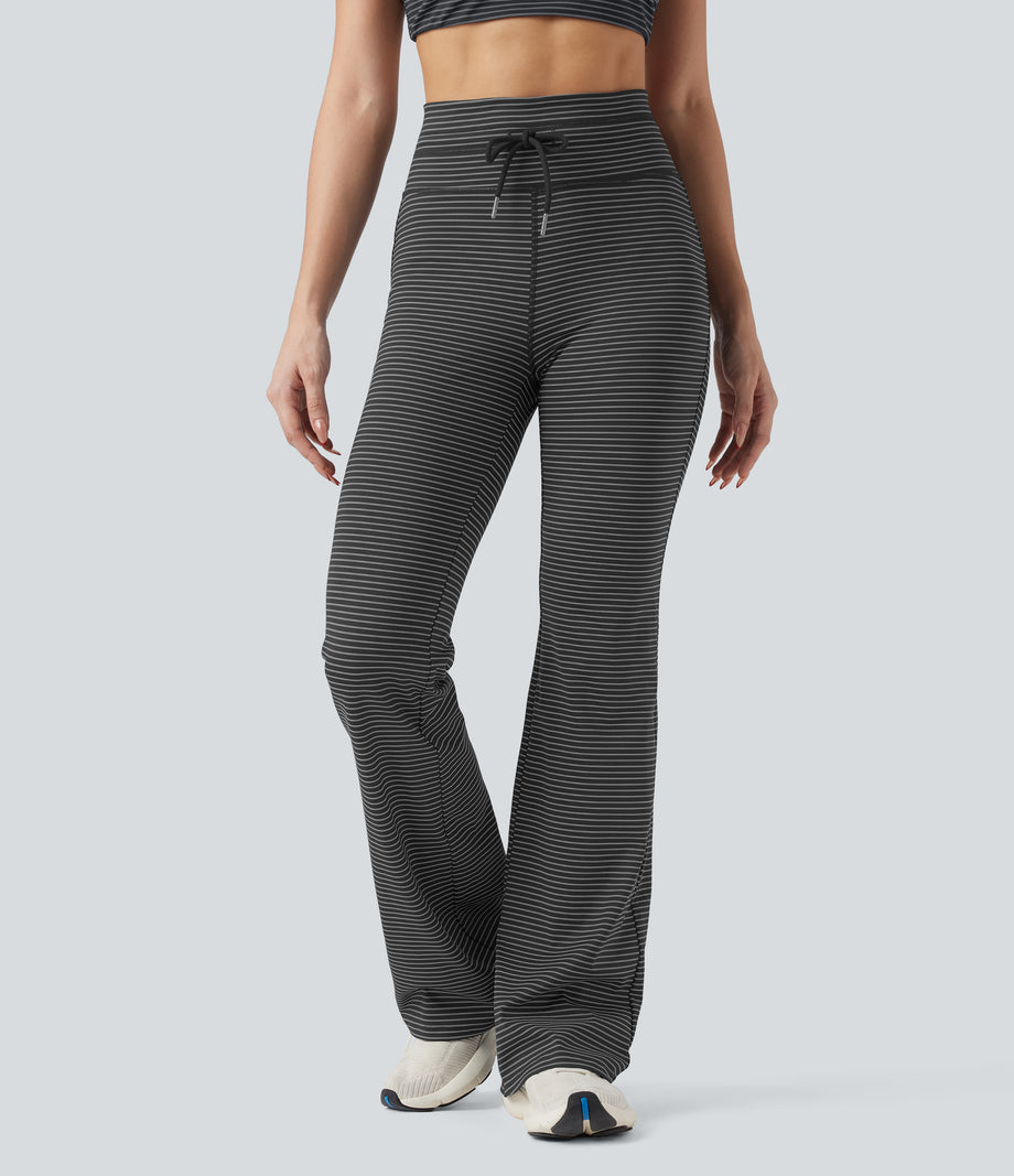 High Waisted Drawstring Stripe Flare Yoga Pants with Pockets - Iron Gray