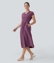 Breezeful™ V Neck Short Sleeve Pocket Tie Back Quick Dry Midi Casual Dress - Amaranth