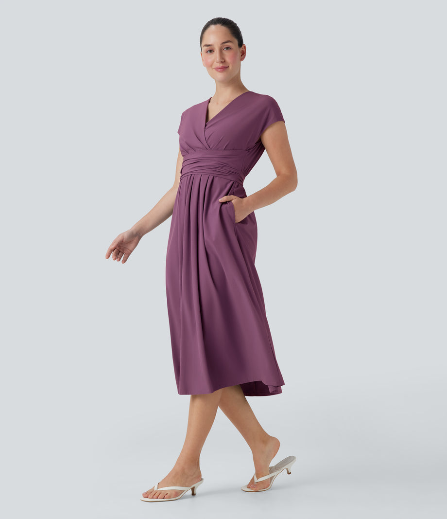 Breezeful™ V Neck Short Sleeve Pocket Tie Back Quick Dry Midi Casual Dress - Amaranth
