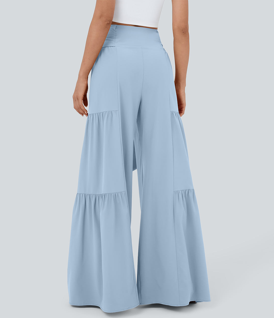 Breezeful™ High Waisted Shirred Tie Front & Back Wide Leg Flowy Quick Dry Casual Pants - Thin Ice Blue