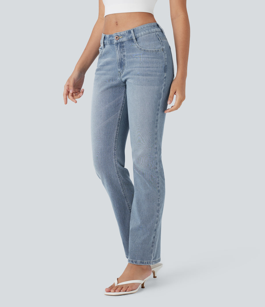 Halara Flex™ Low Rise Zipper Pockets Washed Casual Bootcut Jeans - Blue Spruce Denim