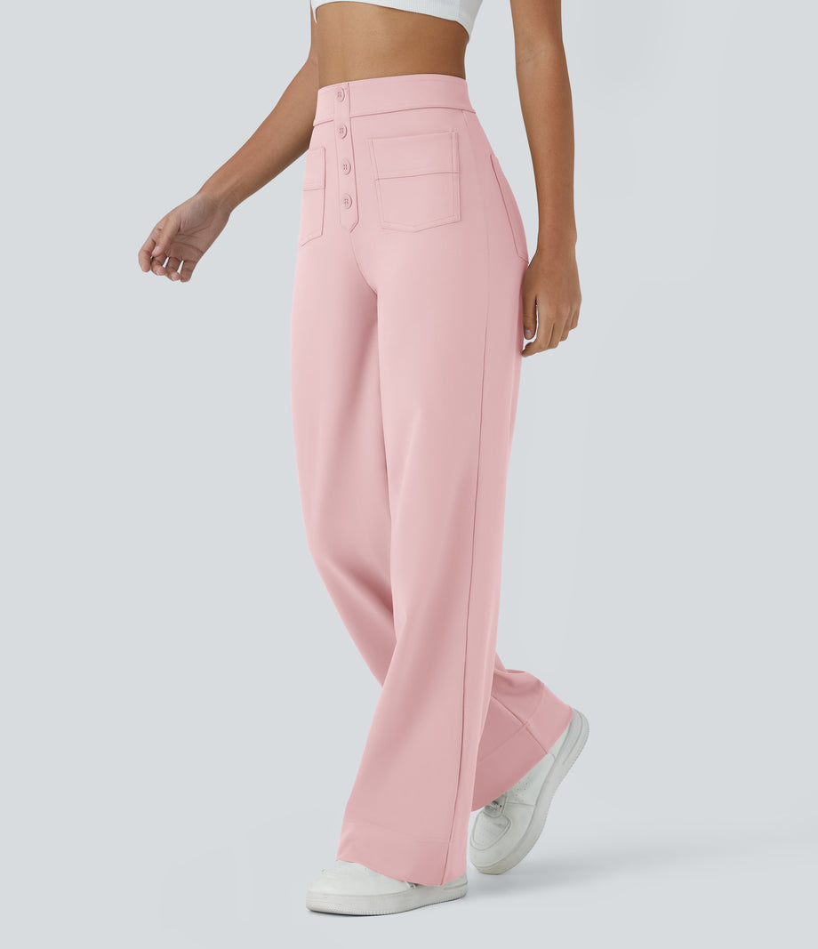 DayStretch High Waisted Pockets Straight Leg Casual Pants - Primrose Pink