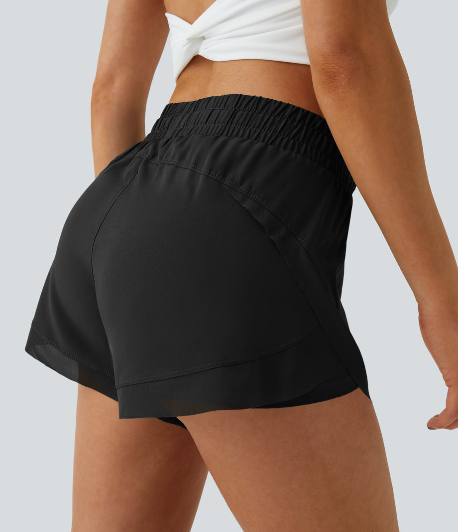 Mid Rise Drawstring Contrast Mesh 2-in-1 Flowy Running Shorts 3'' - Black