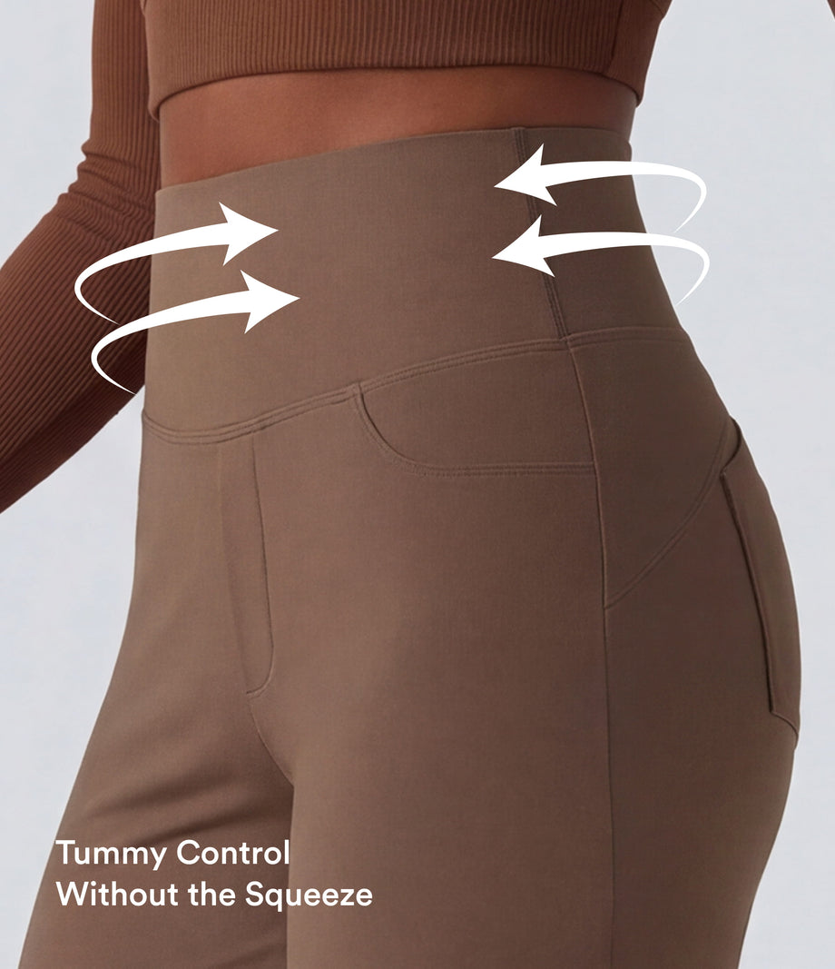DayStretch High Waisted Tummy Control Wide Leg Baggy Yoga Pants with Pockets - Sepia