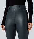 High Waisted Stretchy PU Fleece Casual Leggings with Pockets - Stratified Sea