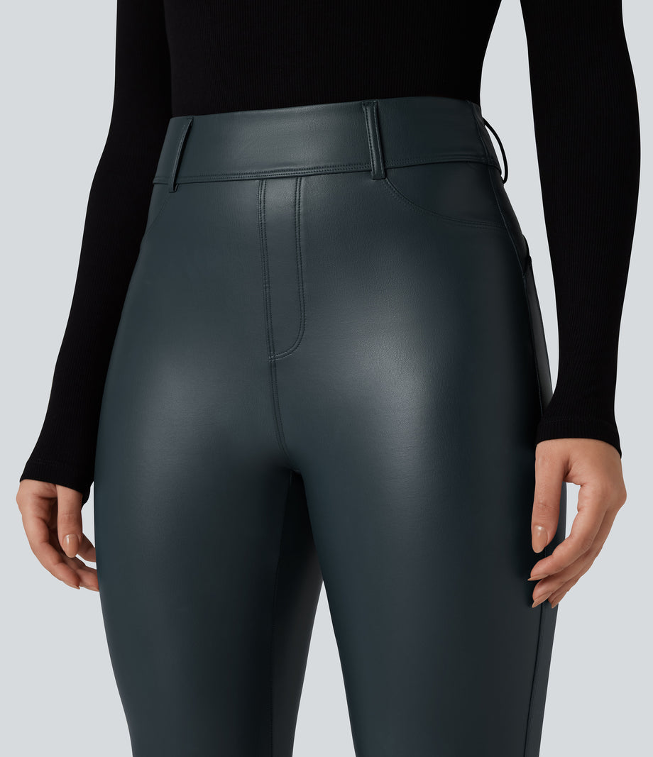 High Waisted Stretchy PU Fleece Casual Leggings with Pockets - Stratified Sea