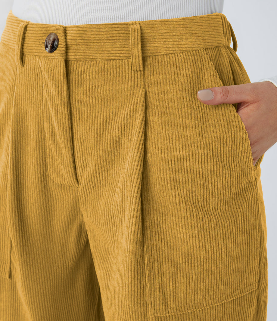 Mid Rise Zipper Pockets Corduroy Casual Joggers - Amber Gold