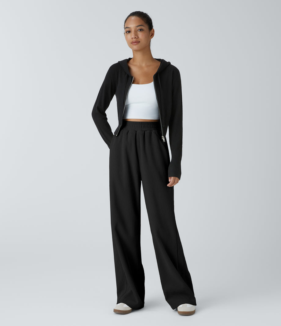 High Waisted Pocket Straight Leg Baggy Mop Corduroy Casual Pants - Black