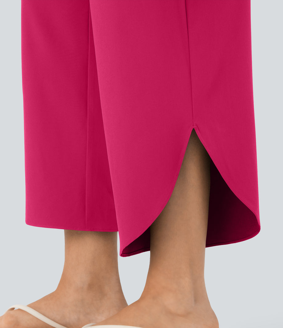 Breezeful™ High Waisted Tummy Control Split Hem Quick Dry Resort Pants with Pockets - Bright Rose