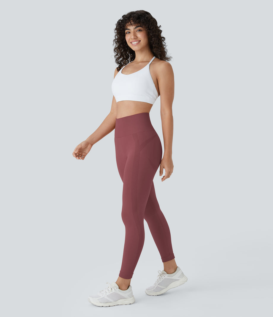 OneForm Seamless Flow High Waisted Ruched 7/8 Yoga Leggings - Apple Butter