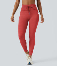 High Waisted Drawstring Striped Yoga Leggings with Pockets - Sunset Coral