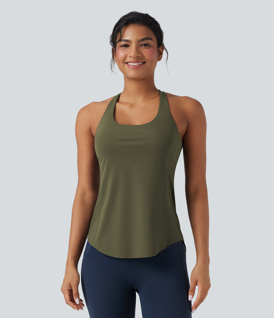 Halara UltraSculpt™ Round Neck Crisscross Back Running Tank Tops DD-F Cups - Grass Grey Green