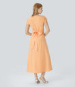 Breezeful™ V Neck Short Sleeve Pocket Tie Back Quick Dry Midi Casual Dress-Longer Length - Peach Orange