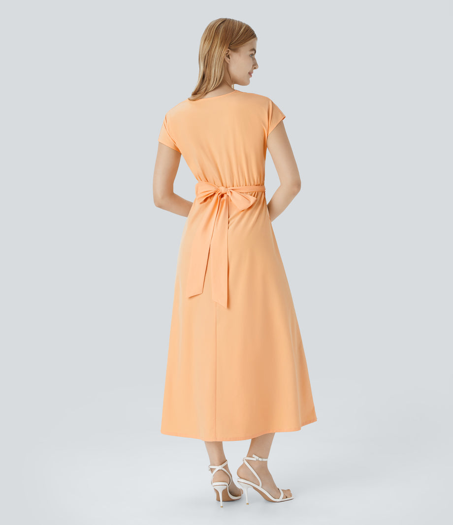Breezeful™ V Neck Short Sleeve Pocket Tie Back Quick Dry Midi Casual Dress-Longer Length - Peach Orange