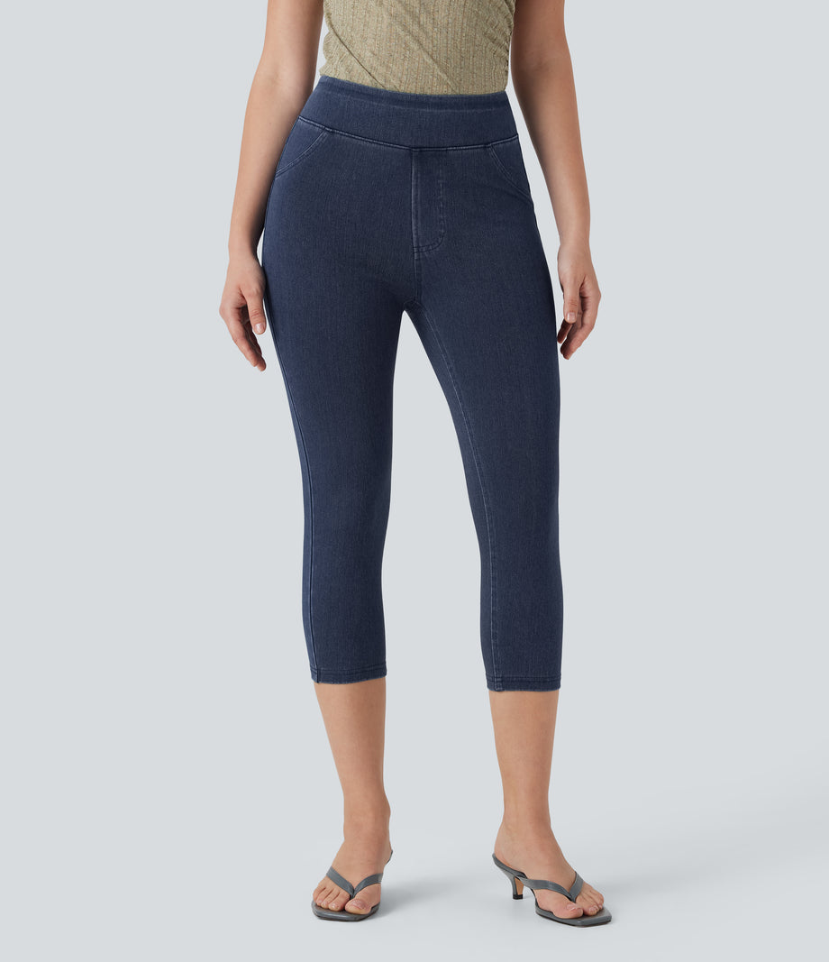 Halara Flex™ High Waisted Pocket Denim Capri Casual Leggings - Washed Denim Navy Blue