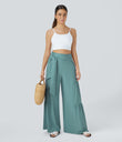 Breezeful™ High Waisted Shirred Tie Front & Back Wide Leg Flowy Quick Dry Casual Pants - Mineral Blue