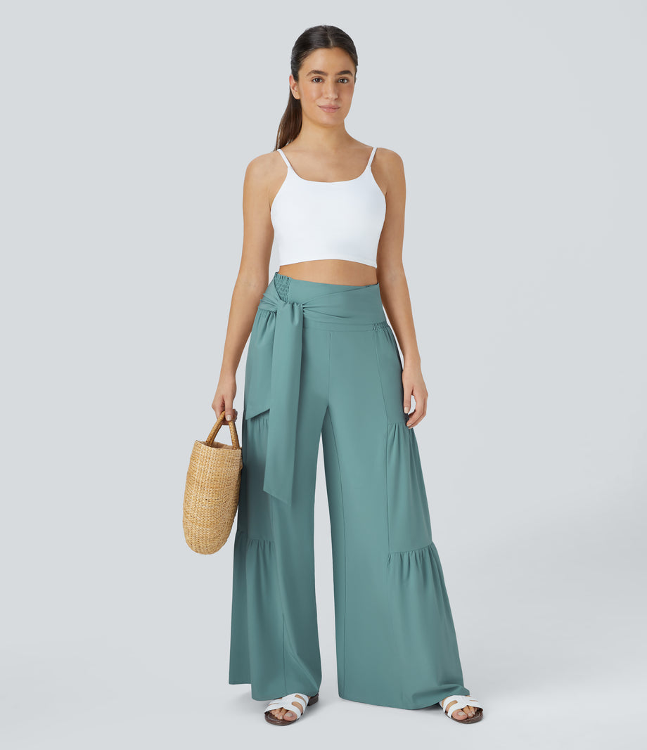 Breezeful™ High Waisted Shirred Tie Front & Back Wide Leg Flowy Quick Dry Casual Pants - Mineral Blue