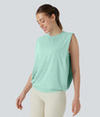 Round Neck Ruched Cool Touch Yoga Tank Top-UPF50+ - Honeydew