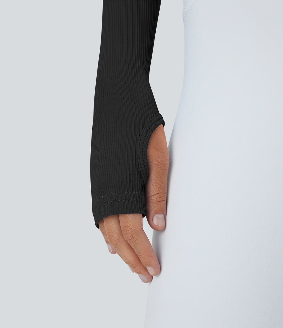 Ribbed Halter Strap Thumb Hole Cropped Yoga Sports Top - Black