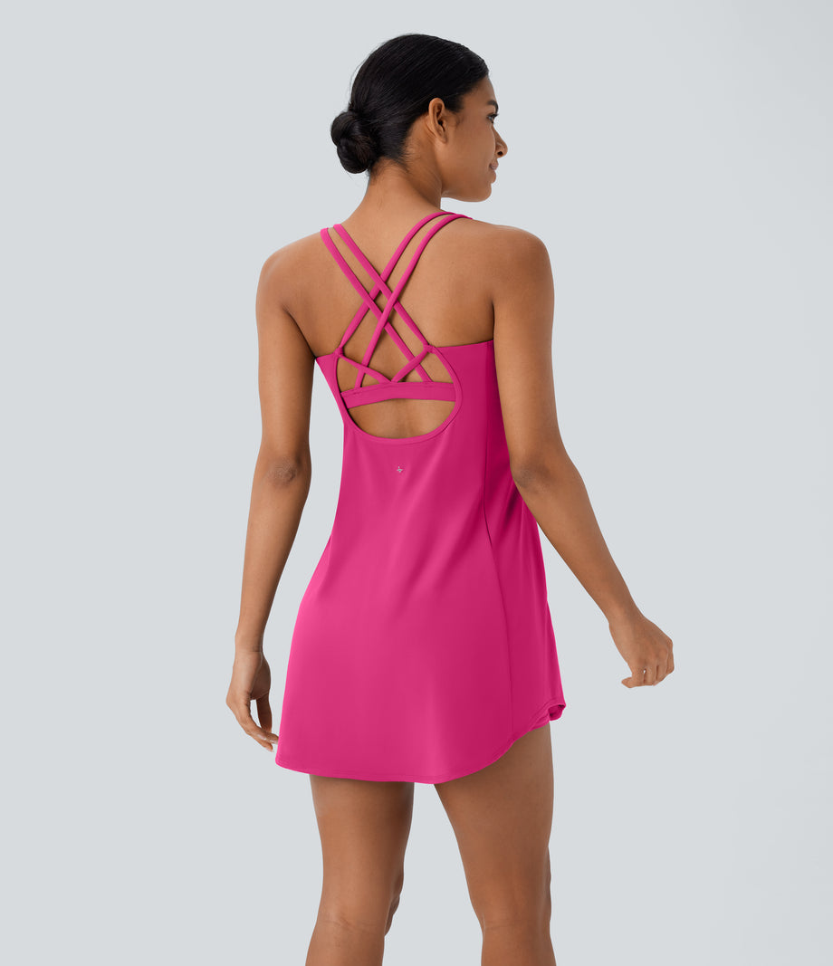 SoftlyZero™ Plush Cut Out Pocket 2-Piece Mini Yoga Active Dress - Fuchsia Purple