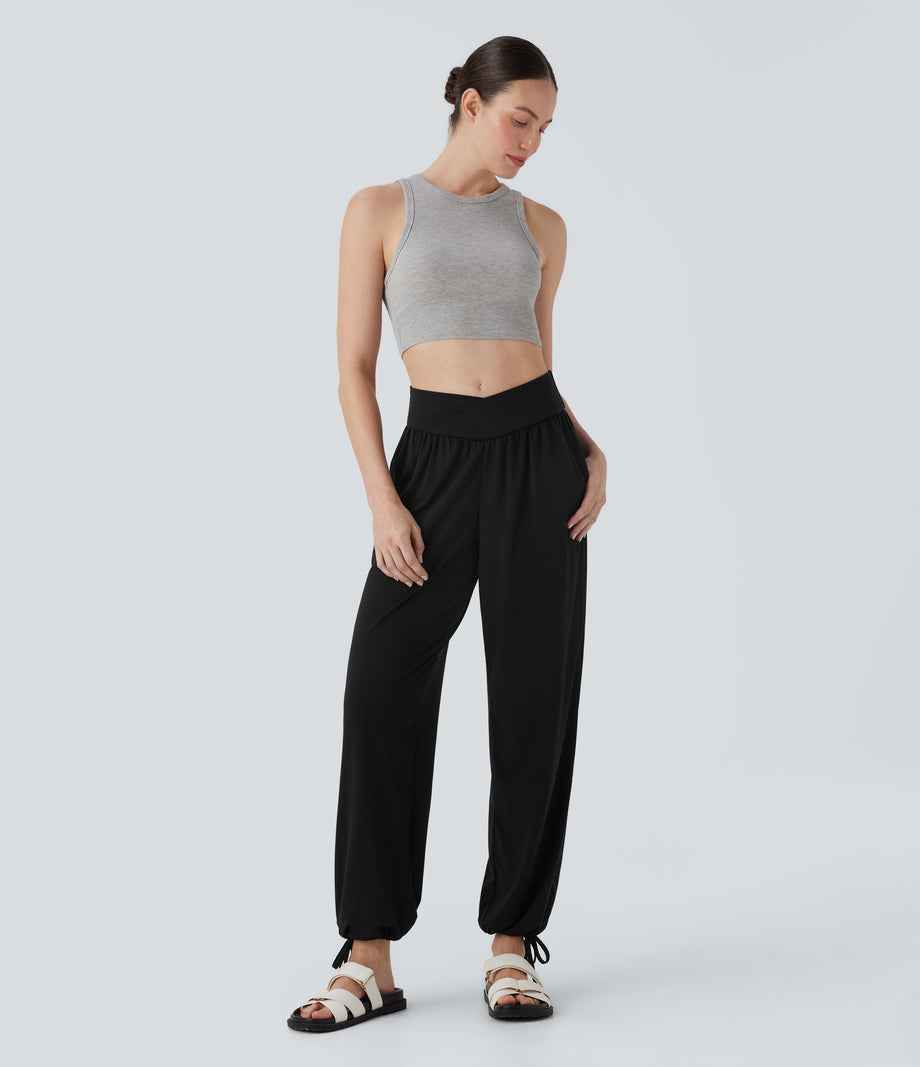 Crossover High Waisted Pocket Drawstring Casual Joggers - Black
