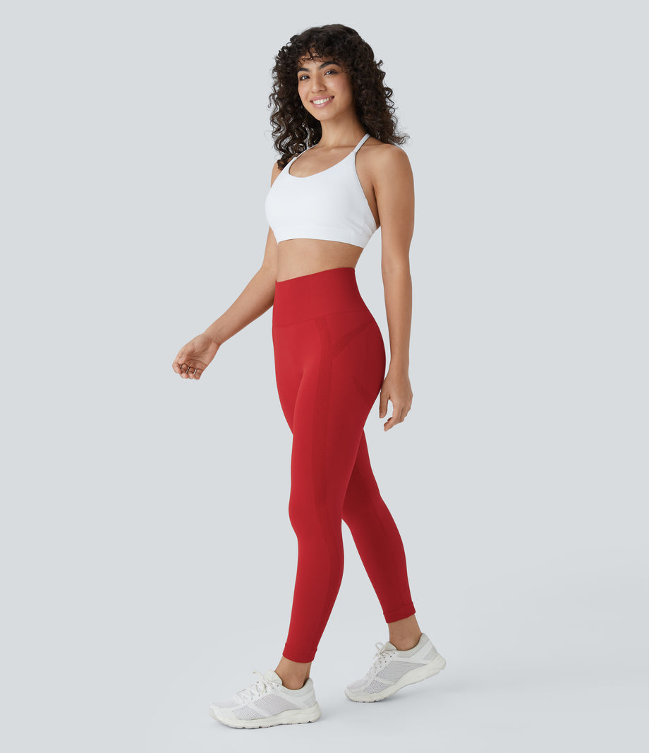 OneForm Seamless Flow High Waisted Ruched 7/8 Yoga Leggings - Salsa