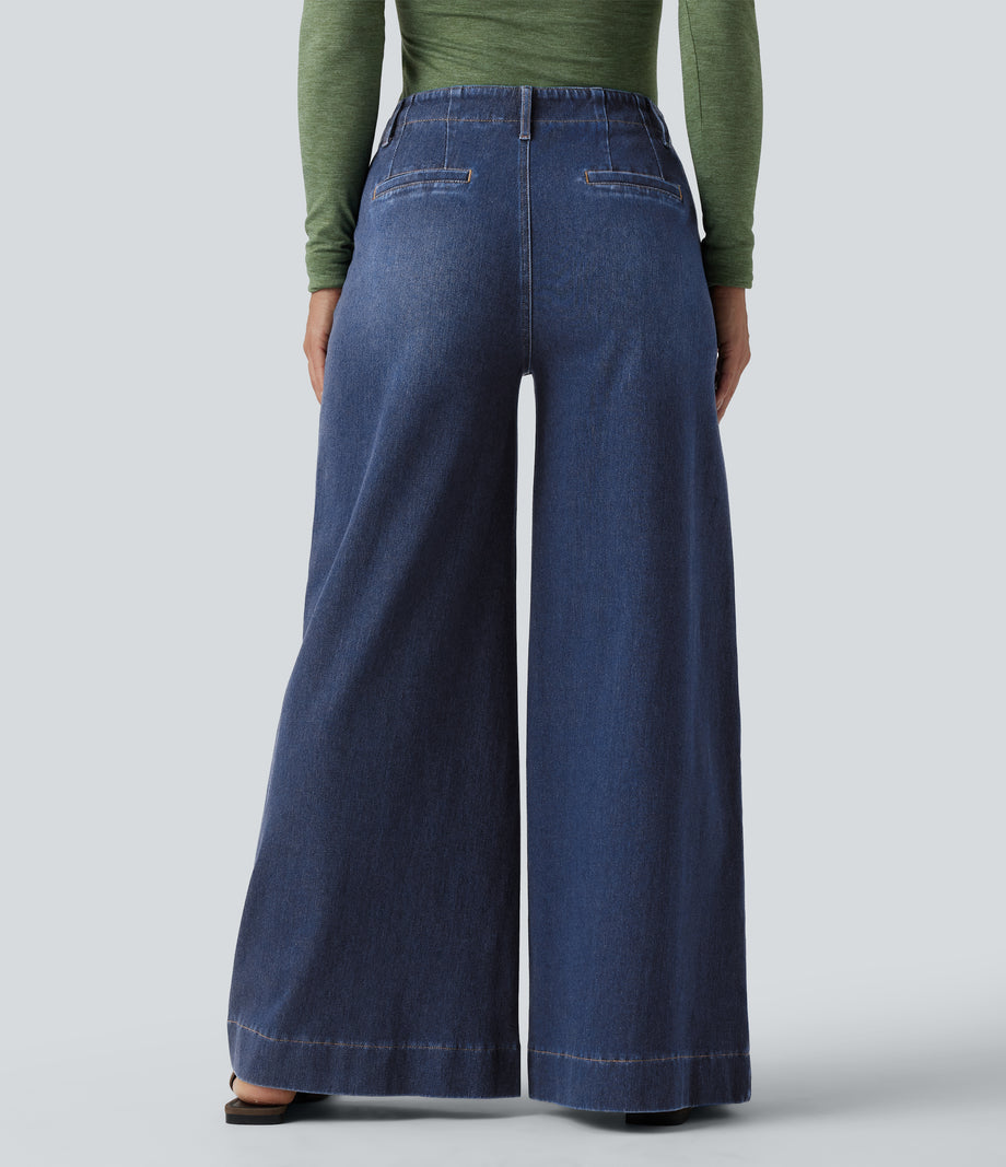 Halara Flex™ High Waisted Pockets Washed Casual Wide Leg Jeans - Estate Blue Denim