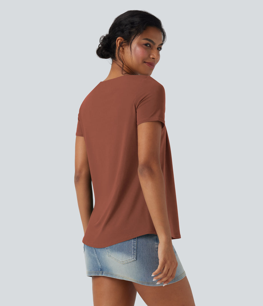 Square Neck Short Sleeve Casual Top - Maple Syrup