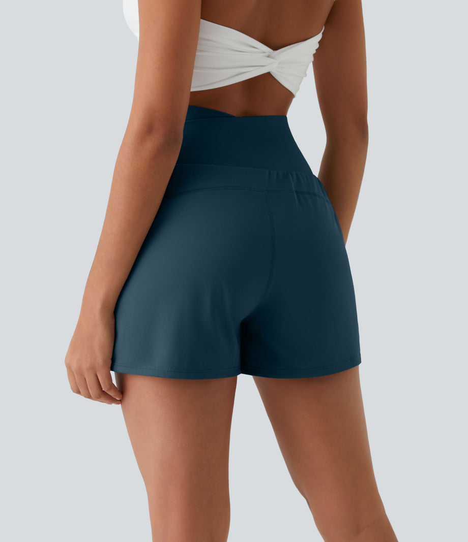 High Waisted Crossover Pocket 2-in-1 Casual Shorts - Majolica Blue