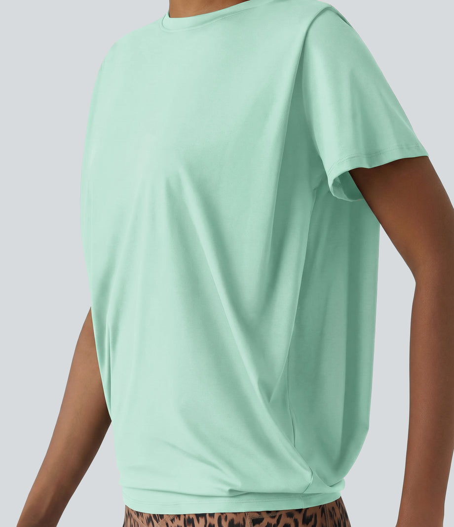 Round Neck Short Sleeve Ruched Cool Touch Yoga Sports Top-UPF50+ - Honeydew
