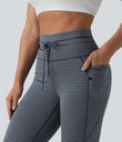 High Waisted Drawstring Striped Yoga Leggings with Pockets - Midnight Stripe