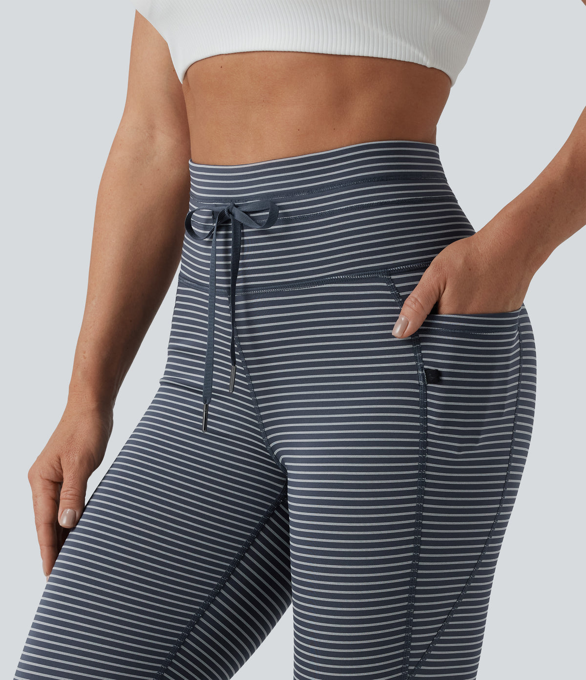High Waisted Drawstring Striped Yoga Leggings with Pockets - Midnight Stripe