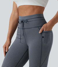 High Waisted Drawstring Striped Yoga Leggings with Pockets - Midnight Stripe