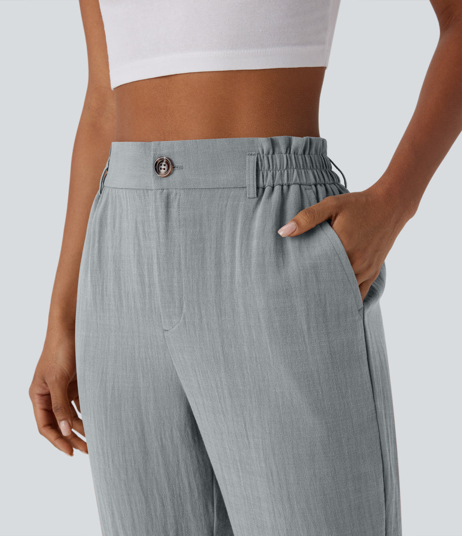 High Waisted Zipper Pocket Cropped Linen-Feel Pants - Quarry