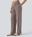 Crossover High Waisted Pocket Drawstring Casual Joggers - Deep Tea Brown Floral Yarn