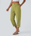 High Waisted Zipper Pocket Cropped Linen-Feel Pants - Moss