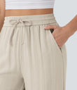 High Waisted Drawstring Pocket Wide Leg Baggy Casual Linen-Feel Pants - Whisper White