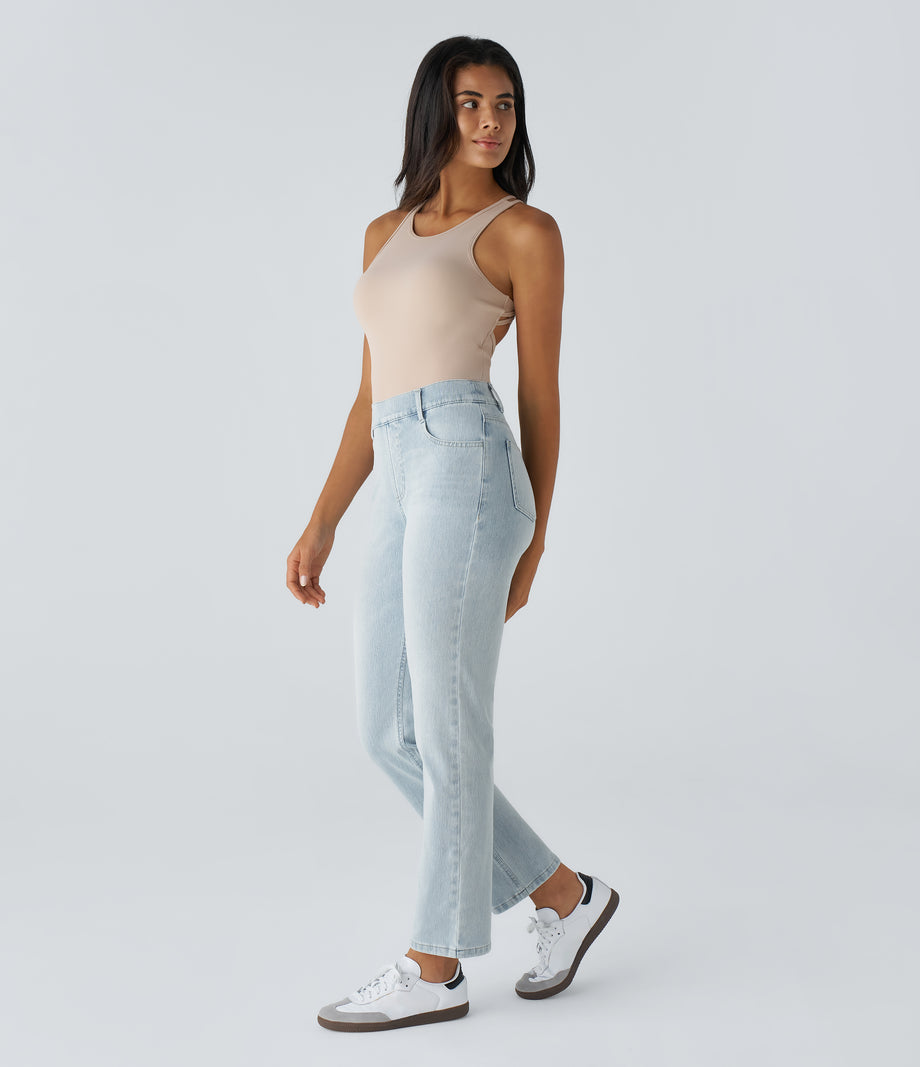 Halara Flex™ High Waisted Pockets Straight Leg Washed Casual Jeans - Light Azure Denim