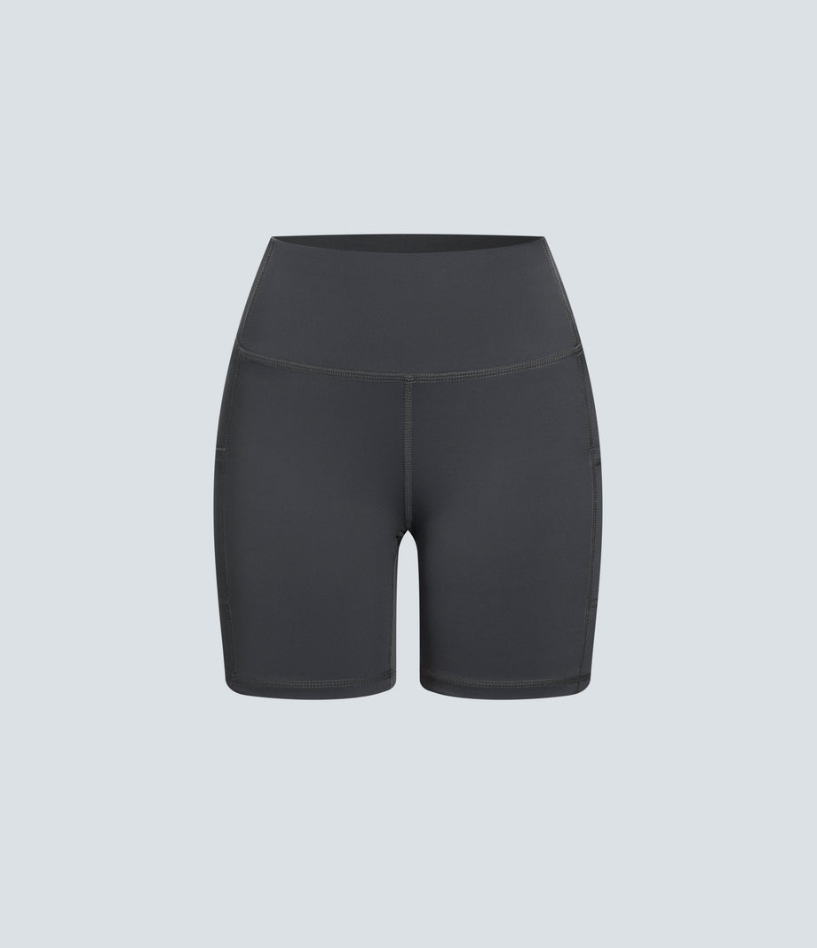 High Waisted Pocket Running Biker Shorts - Asphalt