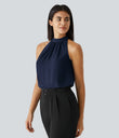 Keyhole Back Halter Sleeveless Curved Hem Work Blouse - Denim Blue