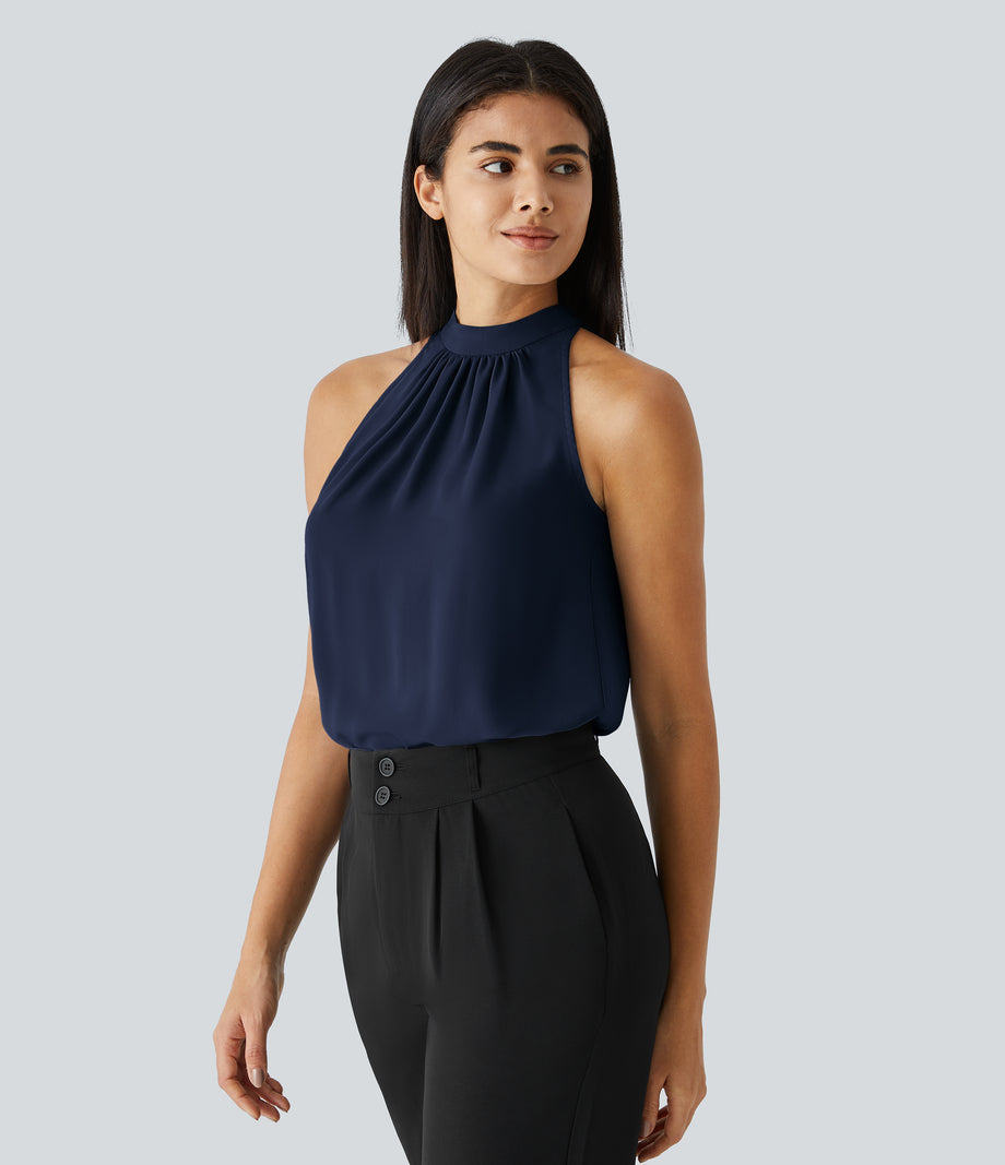 Keyhole Back Halter Sleeveless Curved Hem Work Blouse - Denim Blue
