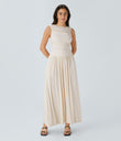 Ribbed Boat Neck Asymmetric Strap Ruched Pocket Flowy Maxi Casual Dress - Rice Khaki