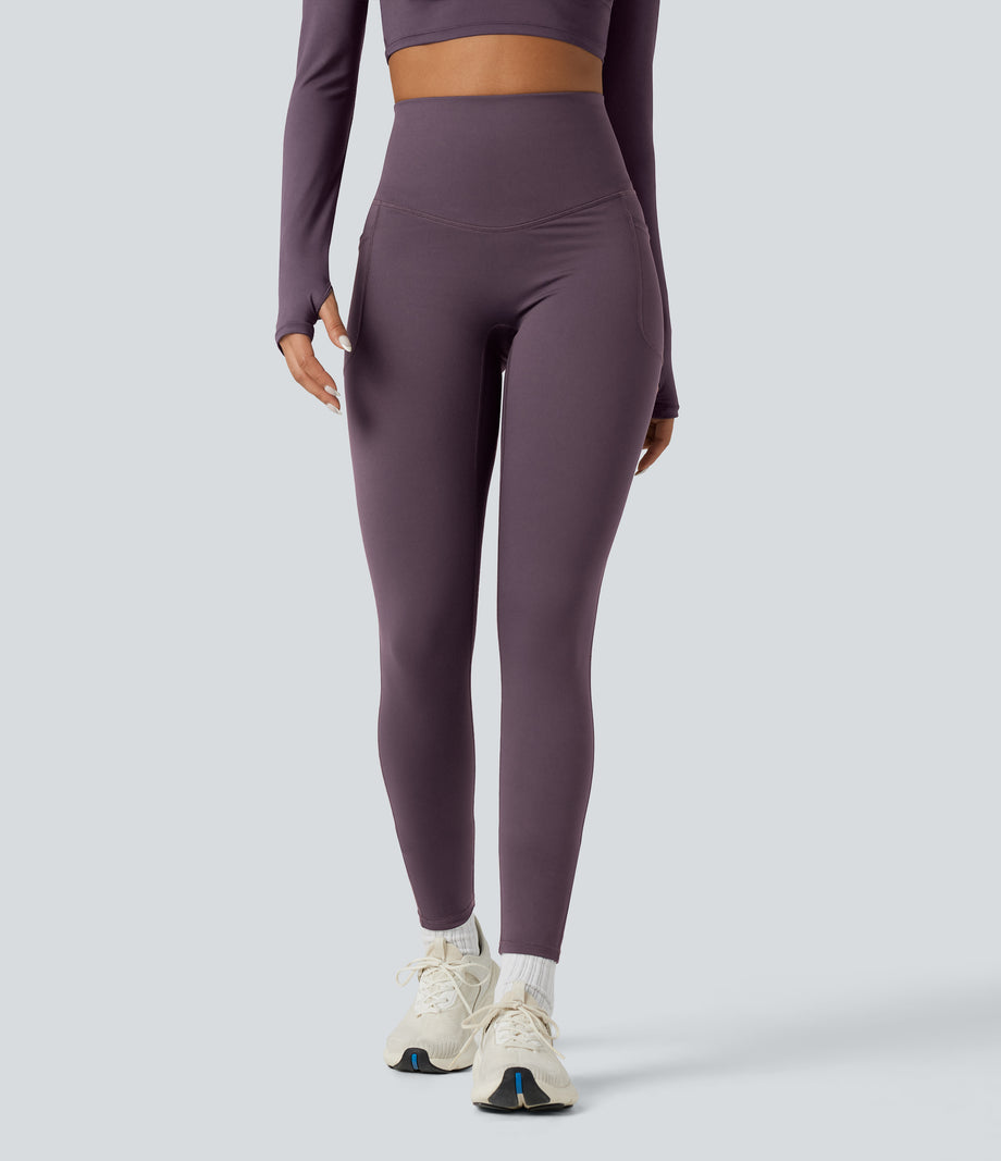 Halara Ultrasculpt™ Heat High Waisted Tummy Control Crossover Back Fleece Running Leggings with Pockets - Night's Purple