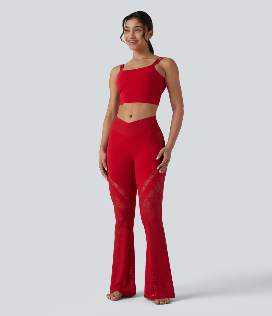 SoftlyZero™ High Waisted Crossover Pocket Contrast Lace Flare Yoga Leggings - Salsa