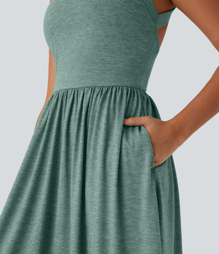 Twisted Backless Split Flowy Maxi Resort Dress with Pockets - Misty Pale Blue