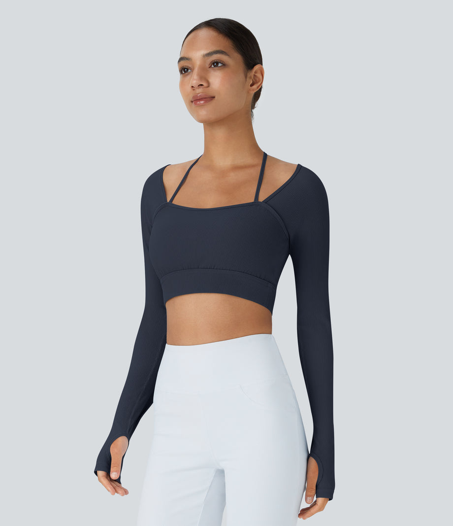 Ribbed Halter Strap Thumb Hole Cropped Yoga Sports Top - Navy Blazer