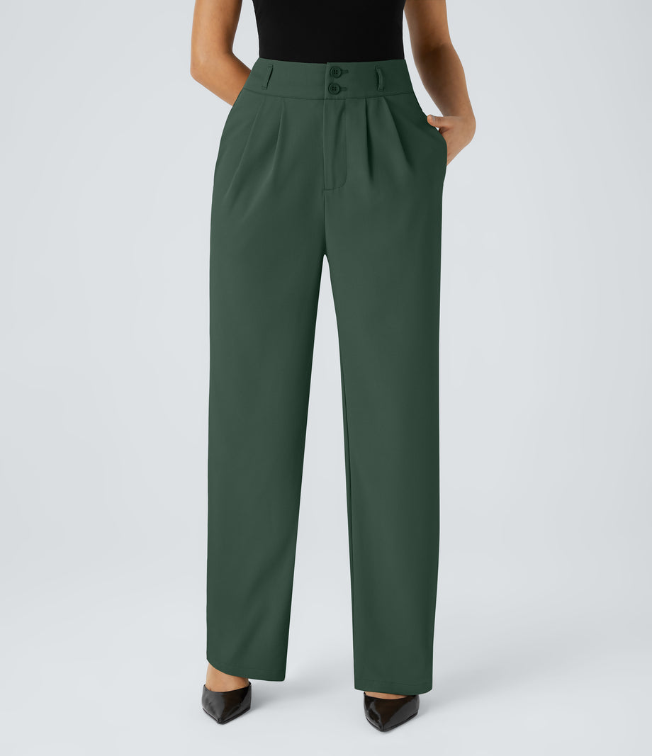 Halara Flex™ High Waisted Zipper Pocket Shirred Straight Leg Work Pants - Dark Green