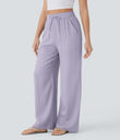 High Waisted Drawstring Pocket Wide Leg Baggy Casual Linen-Feel Pants - Wanderlust - Lilac